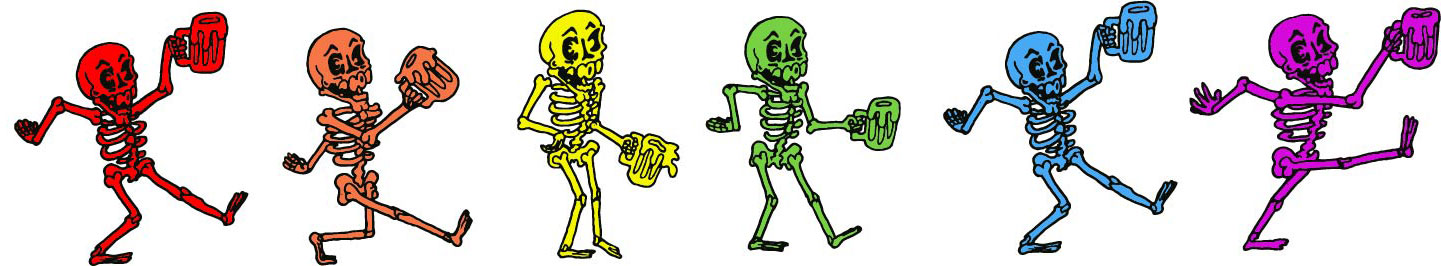 parade of colorful skeletons illustration